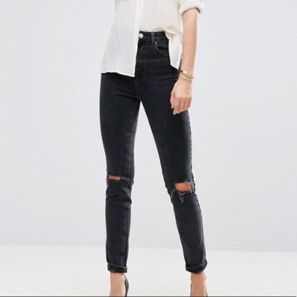 ASOS High Waist Slim Mom Jeans in Washed Black